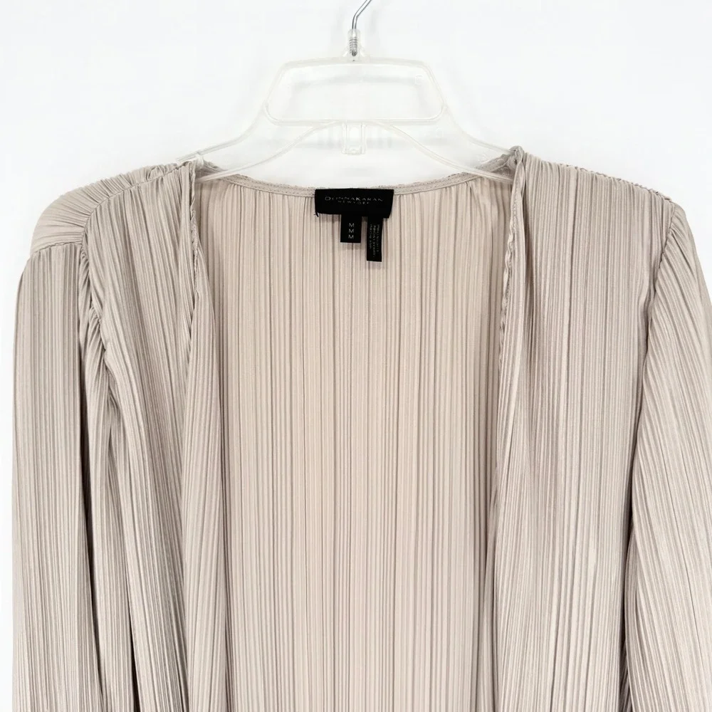 Donna Karan NY Pleated Lightweight Overlay Jacket Long Line‎ Tan Sz M Minimalist